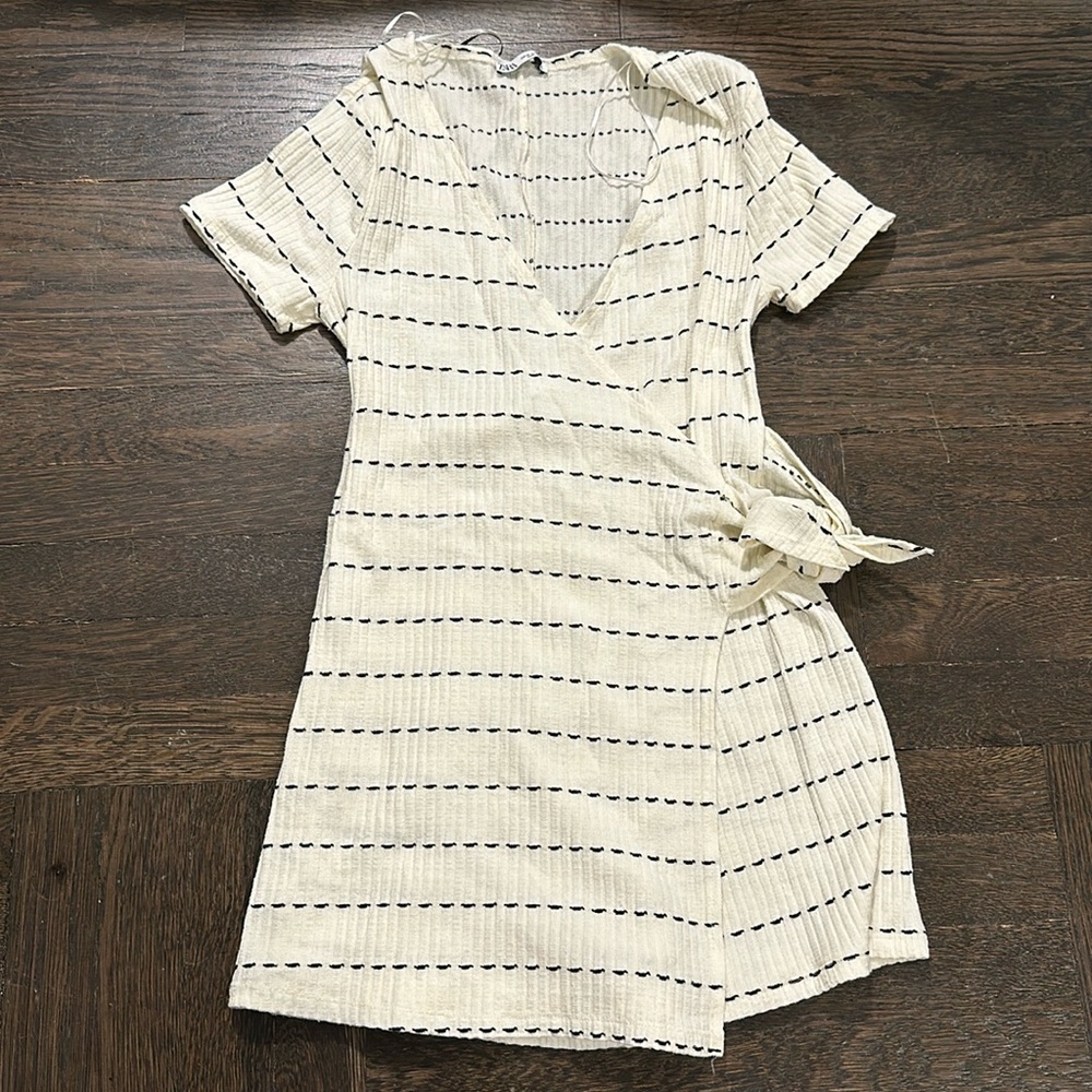 Zara Cream Wrap Dress with Black Stripe Detail